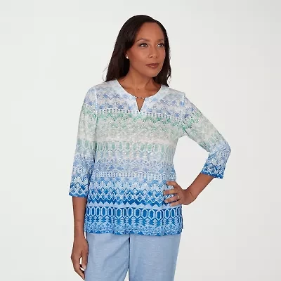 Alfred Dunner Caribbean Blues Womens Split Crew Neck 3/4 Sleeve T-Shirt