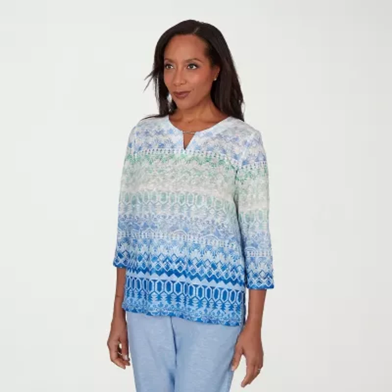 Alfred Dunner Caribbean Blues Womens Split Crew Neck 3/4 Sleeve T-Shirt