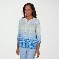 Alfred Dunner Caribbean Blues Womens Split Crew Neck 3/4 Sleeve T-Shirt