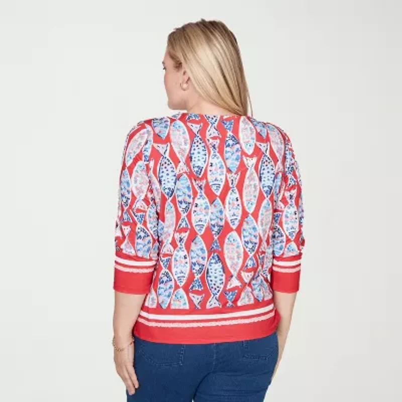 Alfred Dunner Port Side Womens Keyhole Neck 3/4 Sleeve T-Shirt