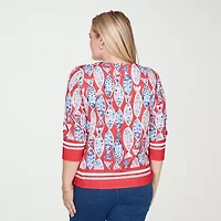 Alfred Dunner Port Side Womens Keyhole Neck 3/4 Sleeve T-Shirt