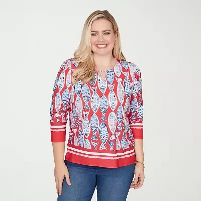 Alfred Dunner Port Side Womens Keyhole Neck 3/4 Sleeve T-Shirt