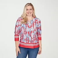 Alfred Dunner Port Side Womens Keyhole Neck 3/4 Sleeve T-Shirt