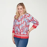 Alfred Dunner Port Side Womens Keyhole Neck 3/4 Sleeve T-Shirt