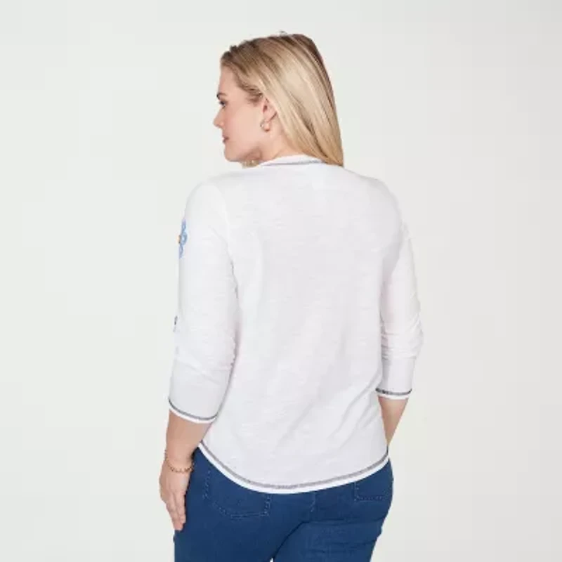 Alfred Dunner Port Side Womens V Neck 3/4 Sleeve T-Shirt