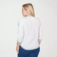 Alfred Dunner Port Side Womens V Neck 3/4 Sleeve T-Shirt