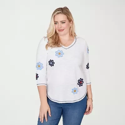 Alfred Dunner Port Side Womens V Neck 3/4 Sleeve T-Shirt