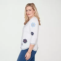 Alfred Dunner Port Side Womens V Neck 3/4 Sleeve T-Shirt