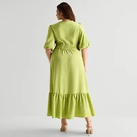 Melonie T Womens Plus Elbow Sleeve Midi Fit + Flare Dress