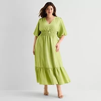 Melonie T Womens Plus Elbow Sleeve Midi Fit + Flare Dress