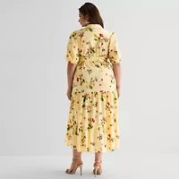 Melonie T Womens Plus Belted Short Sleeve Midi Shirt Dress