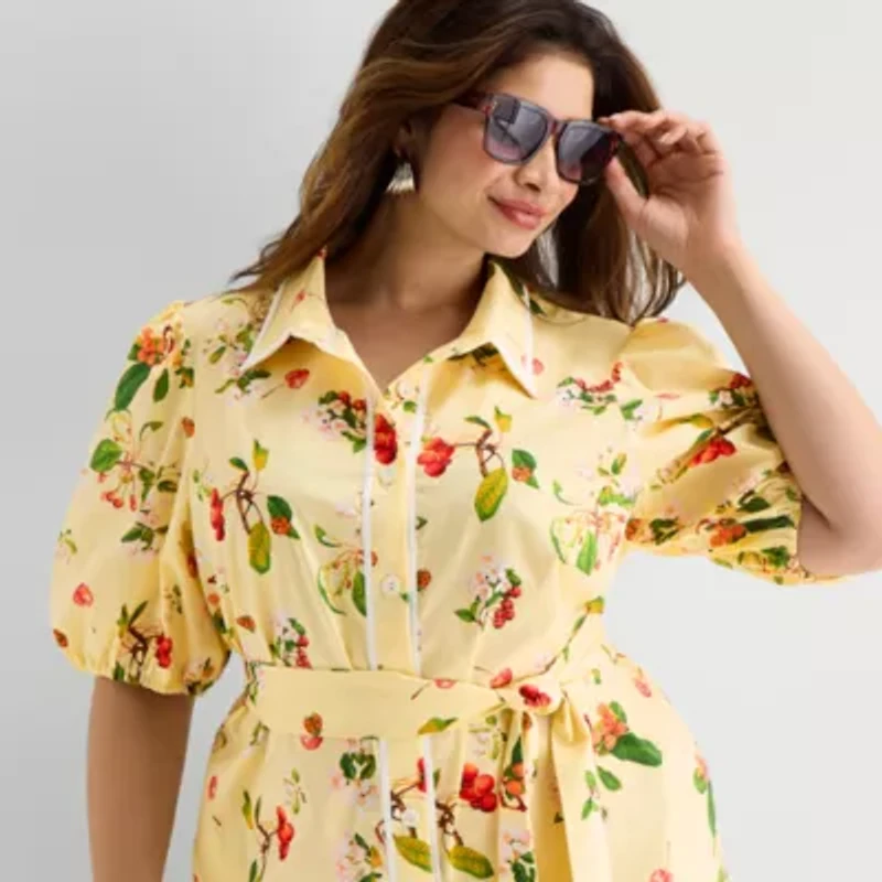 Melonie T Womens Plus Belted Short Sleeve Midi Shirt Dress