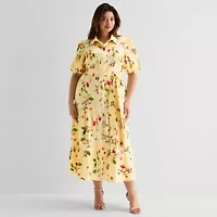 Melonie T Womens Plus Belted Short Sleeve Midi Shirt Dress