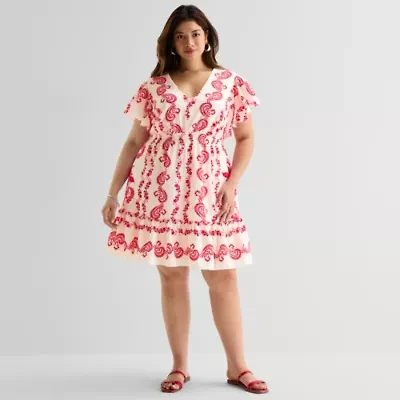 Danny & Nicole Womens Plus Short Sleeve Paisley Fit + Flare Dress