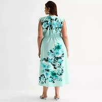 Melonie T Womens Plus Sleeveless Floral Midi Fit + Flare Dress