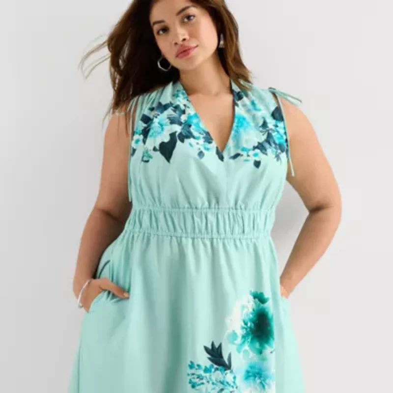 Melonie T Womens Plus Sleeveless Floral Midi Fit + Flare Dress