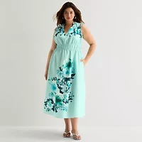 Melonie T Womens Plus Sleeveless Floral Midi Fit + Flare Dress