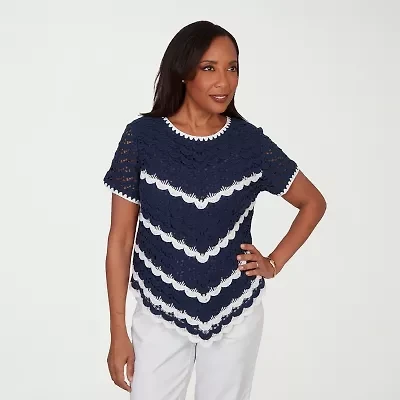 Alfred Dunner Port Side Womens Crochet Crew Neck T-Shirt