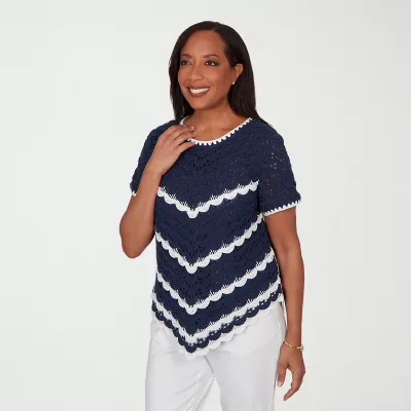 Alfred Dunner Port Side Womens Crochet Crew Neck T-Shirt