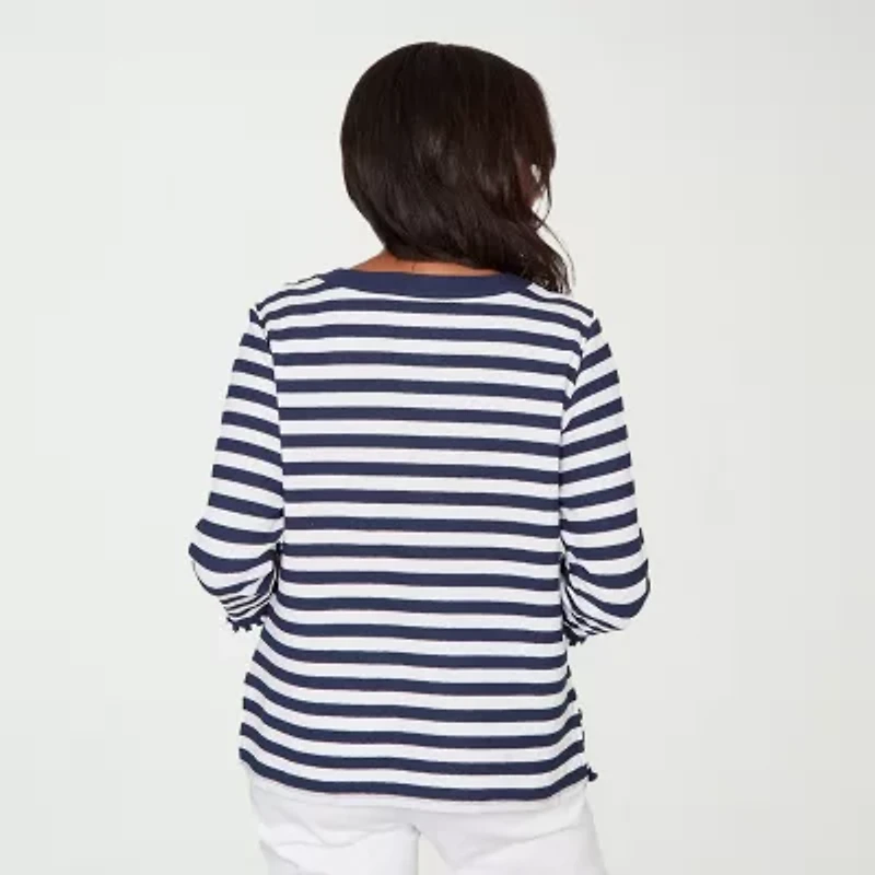 Alfred Dunner Port Side Womens Crew Neck 3/4 Sleeve T-Shirt