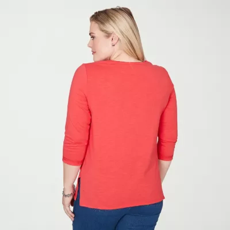 Alfred Dunner Port Side Womens Split Crew Neck 3/4 Sleeve T-Shirt