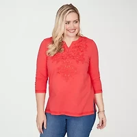 Alfred Dunner Port Side Womens Split Crew Neck 3/4 Sleeve T-Shirt