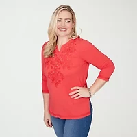 Alfred Dunner Port Side Womens Split Crew Neck 3/4 Sleeve T-Shirt