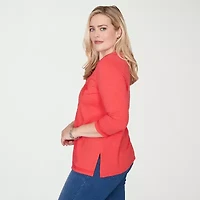 Alfred Dunner Port Side Womens Split Crew Neck 3/4 Sleeve T-Shirt