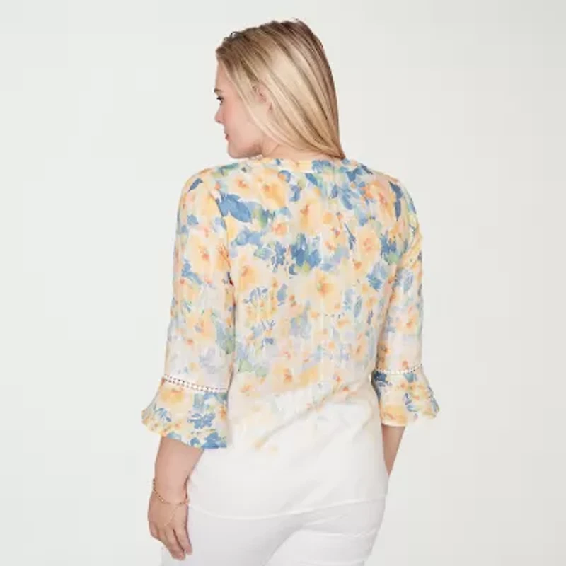 Alfred Dunner Out Of The Blue Womens Split Crew Neck 3/4 Sleeve Blouse