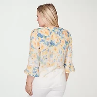 Alfred Dunner Out Of The Blue Womens Split Crew Neck 3/4 Sleeve Blouse