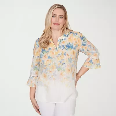 Alfred Dunner Out Of The Blue Womens Split Crew Neck 3/4 Sleeve Blouse