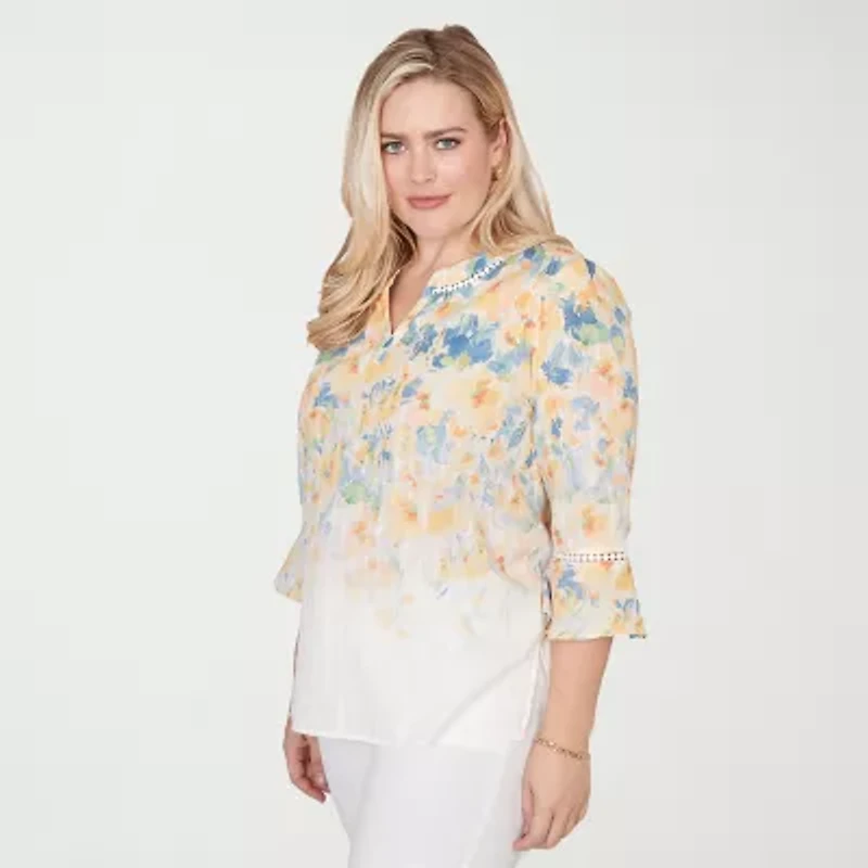 Alfred Dunner Out Of The Blue Womens Split Crew Neck 3/4 Sleeve Blouse