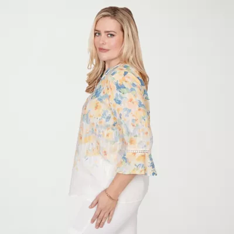 Alfred Dunner Out Of The Blue Womens Split Crew Neck 3/4 Sleeve Blouse