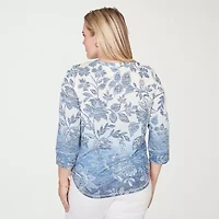 Alfred Dunner Out Of The Blue Womens V Neck 3/4 Sleeve Blouse