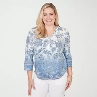Alfred Dunner Out Of The Blue Womens V Neck 3/4 Sleeve Blouse
