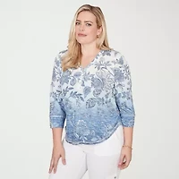 Alfred Dunner Out Of The Blue Womens V Neck 3/4 Sleeve Blouse