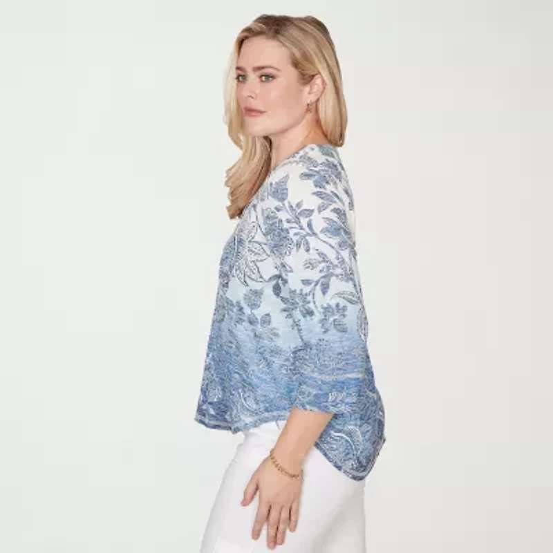 Alfred Dunner Out Of The Blue Womens V Neck 3/4 Sleeve Blouse