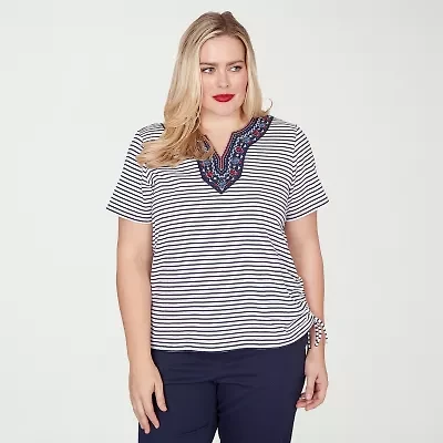 Alfred Dunner Lady Liberty Womens Split Crew Neck Short Sleeve T-Shirt