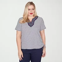 Alfred Dunner Lady Liberty Womens Split Crew Neck Short Sleeve T-Shirt