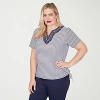 Alfred Dunner Lady Liberty Womens Split Crew Neck Short Sleeve T-Shirt