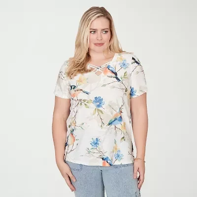 Alfred Dunner Out Of The Blue Womens V Neck Short Sleeve T-Shirt