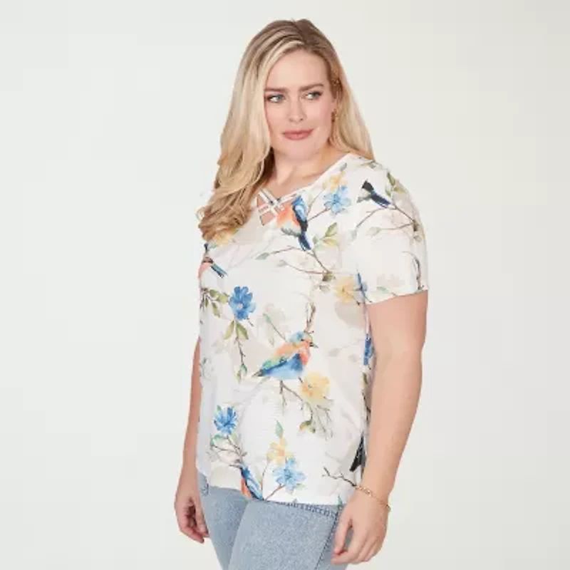 Alfred Dunner Out Of The Blue Womens V Neck Short Sleeve T-Shirt