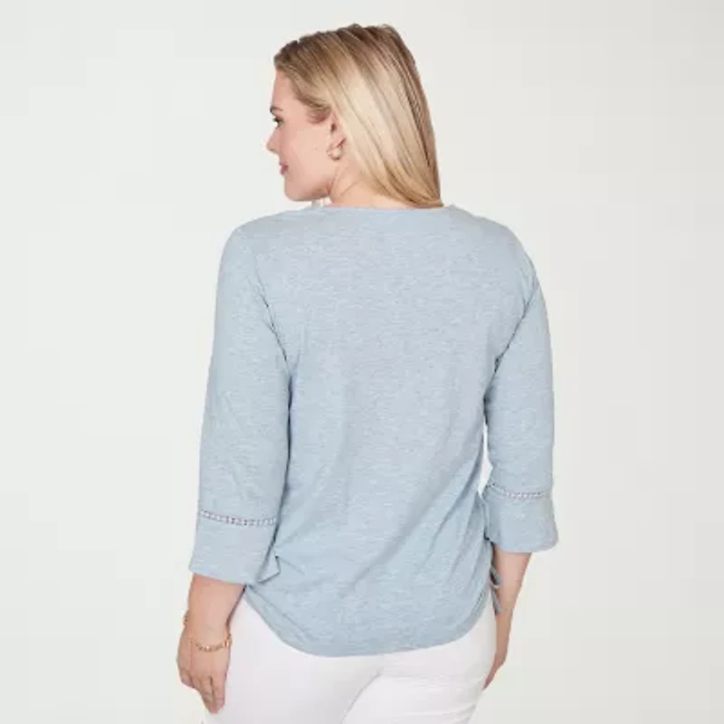 Alfred Dunner Out Of The Blue Womens Keyhole Neck 3/4 Sleeve T-Shirt