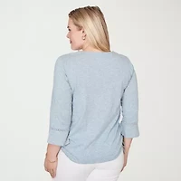 Alfred Dunner Out Of The Blue Womens Keyhole Neck 3/4 Sleeve T-Shirt