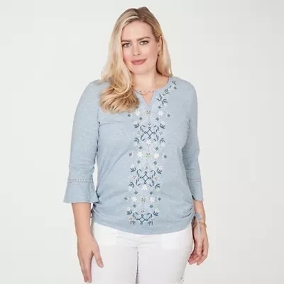 Alfred Dunner Out Of The Blue Womens Keyhole Neck 3/4 Sleeve T-Shirt