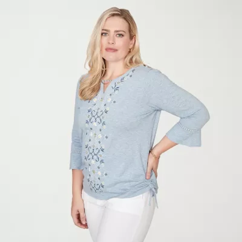 Alfred Dunner Out Of The Blue Womens Keyhole Neck 3/4 Sleeve T-Shirt