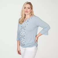 Alfred Dunner Out Of The Blue Womens Keyhole Neck 3/4 Sleeve T-Shirt