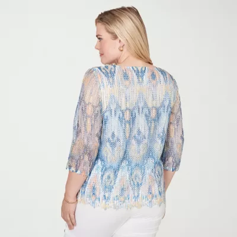 Alfred Dunner Out Of The Blue Womens Crew Neck 3/4 Sleeve T-Shirt