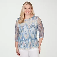 Alfred Dunner Out Of The Blue Womens Crew Neck 3/4 Sleeve T-Shirt