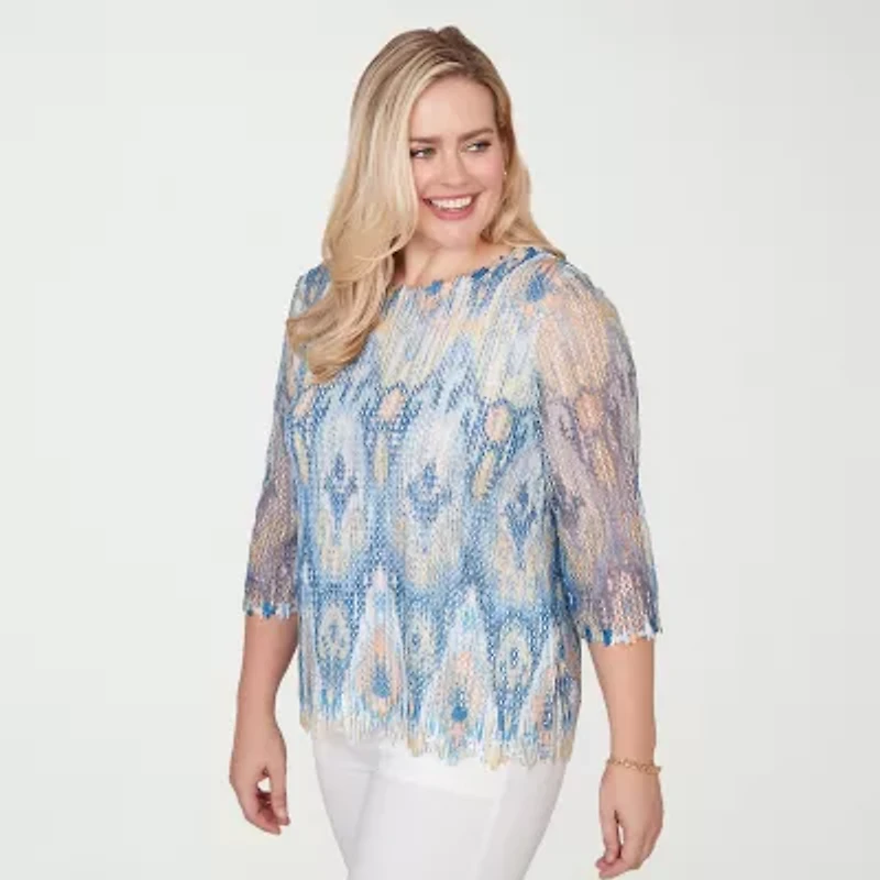 Alfred Dunner Out Of The Blue Womens Crew Neck 3/4 Sleeve T-Shirt